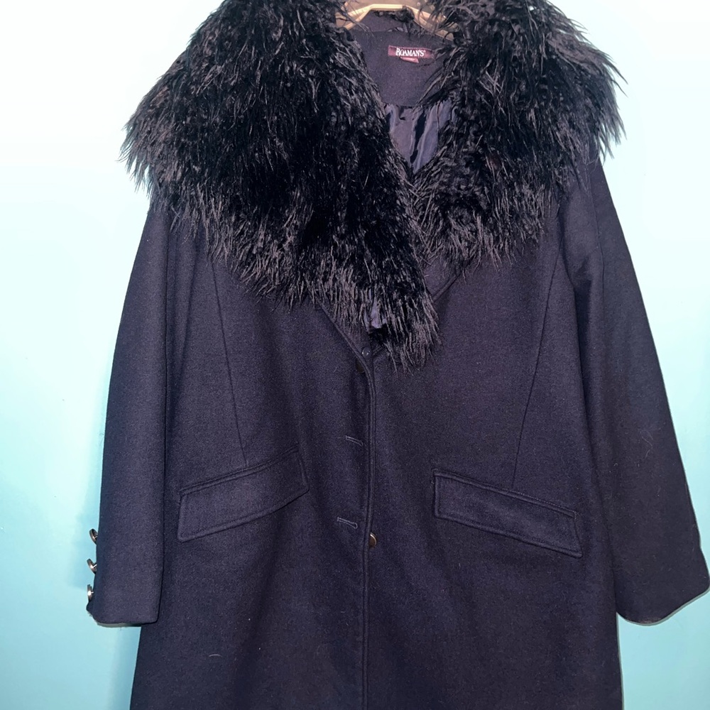 Roaman's Navy Pea Coat with Black Faux Fur Collar